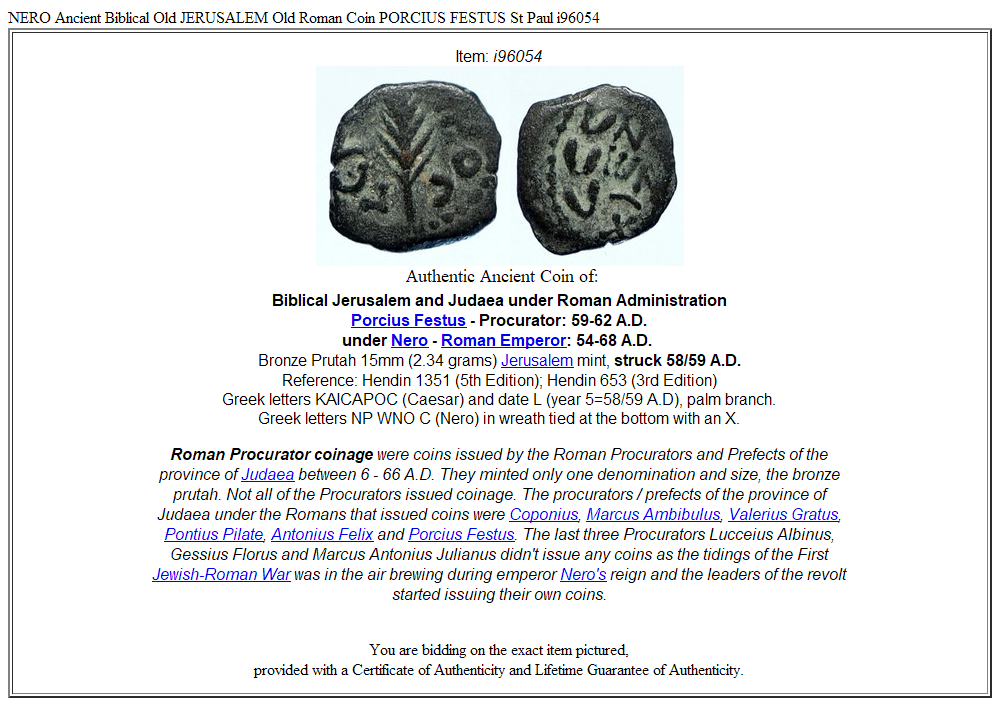 NERO Ancient Biblical Old JERUSALEM Old Roman Coin PORCIUS FESTUS St Paul i96054