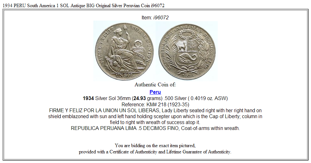 1934 PERU South America 1 SOL Antique BIG Original Silver Peruvian Coin i96072