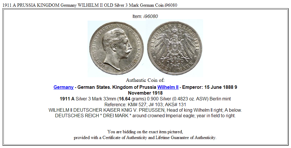 1911 A PRUSSIA KINGDOM Germany WILHELM II OLD Silver 3 Mark German Coin i96080