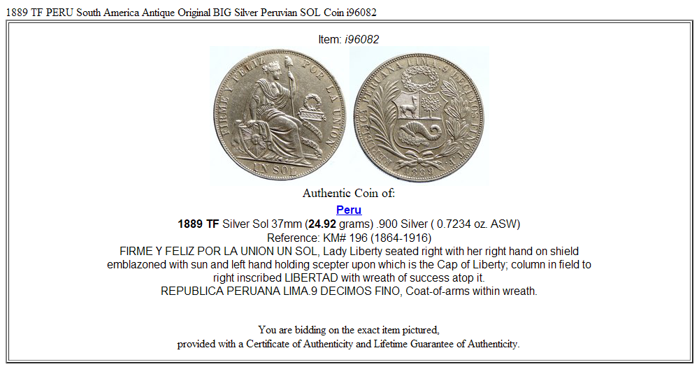 1889 TF PERU South America Antique Original BIG Silver Peruvian SOL Coin i96082