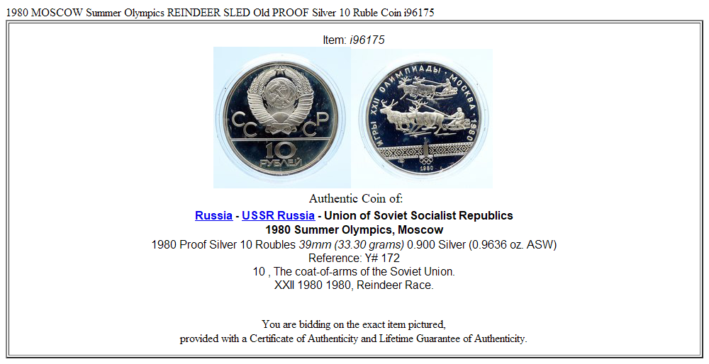 1980 MOSCOW Summer Olympics REINDEER SLED Old PROOF Silver 10 Ruble Coin i96175