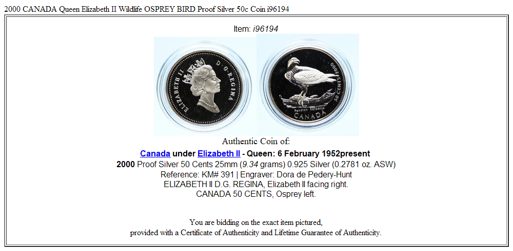 2000 CANADA Queen Elizabeth II Wildlife OSPREY BIRD Proof Silver 50c Coin i96194