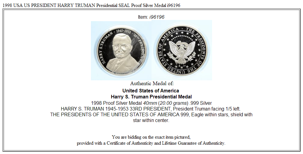 1998 USA US PRESIDENT HARRY TRUMAN Presidential SEAL Proof Silver Medal i96196