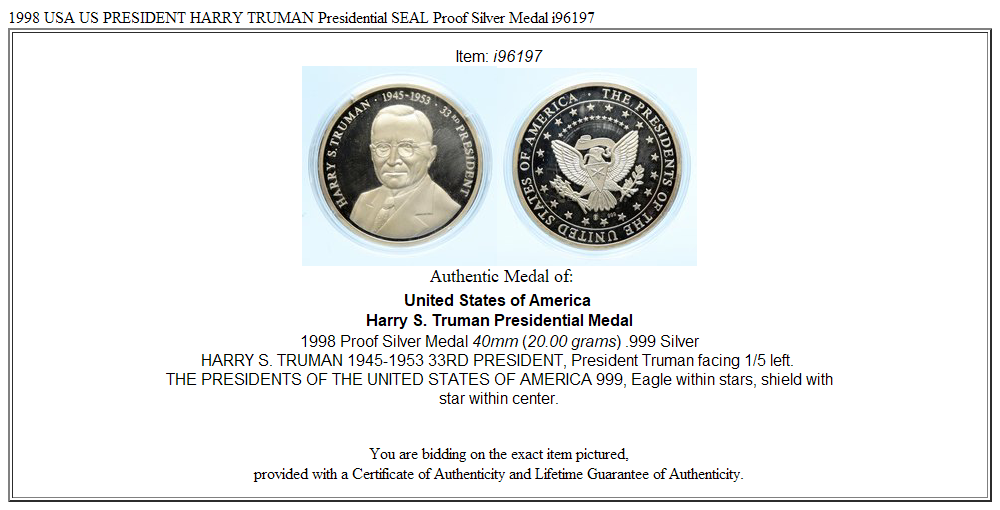 1998 USA US PRESIDENT HARRY TRUMAN Presidential SEAL Proof Silver Medal i96197