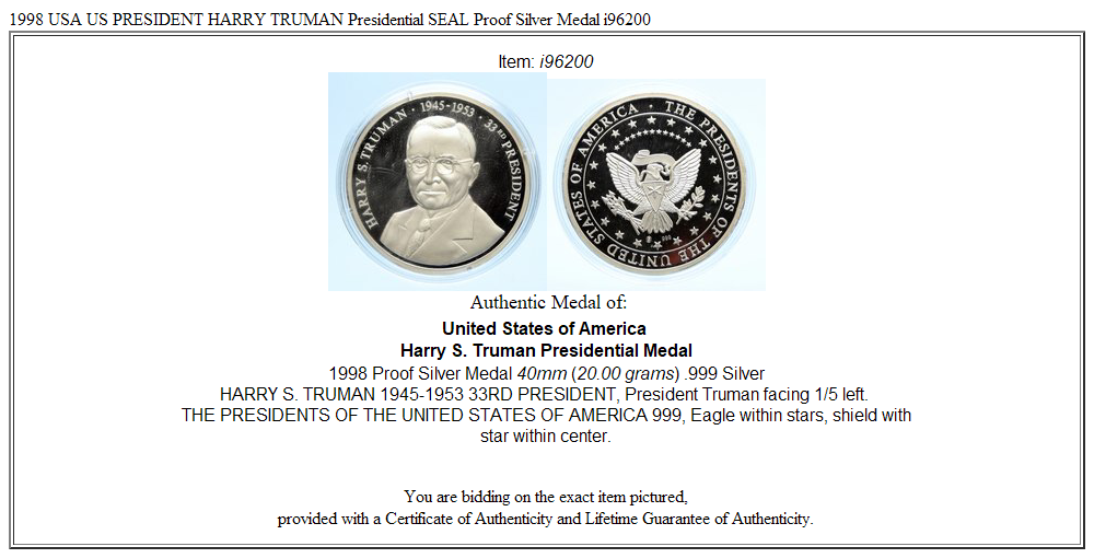 1998 USA US PRESIDENT HARRY TRUMAN Presidential SEAL Proof Silver Medal i96200