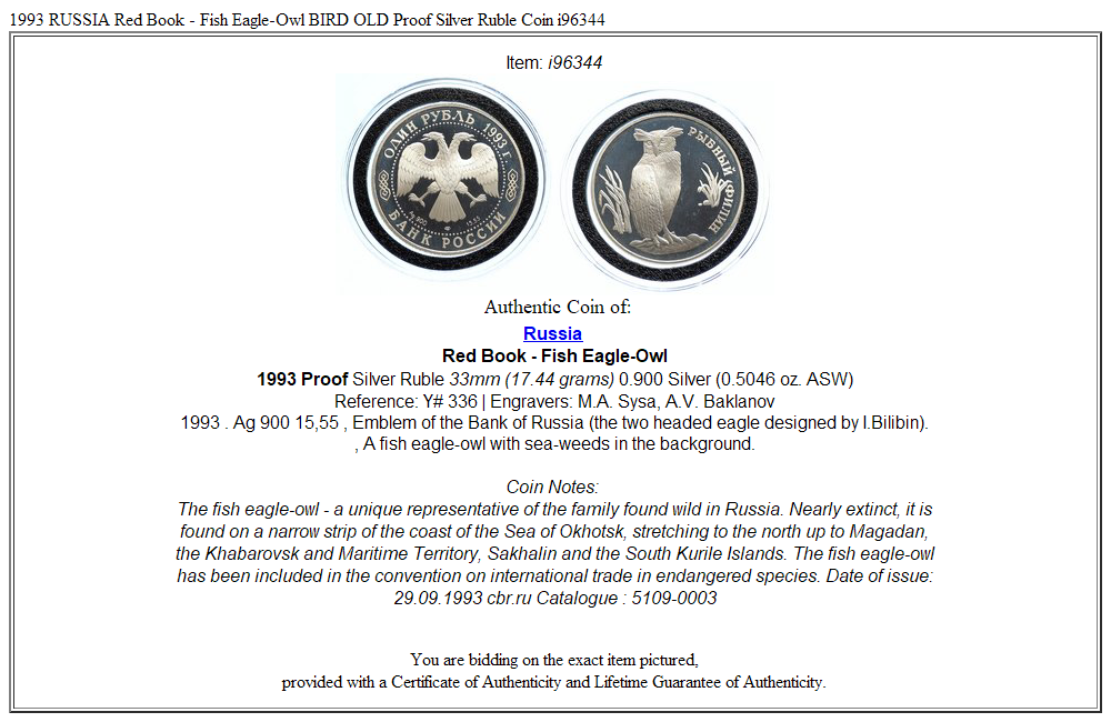 1993 RUSSIA Red Book - Fish Eagle-Owl BIRD OLD Proof Silver Ruble Coin i96344