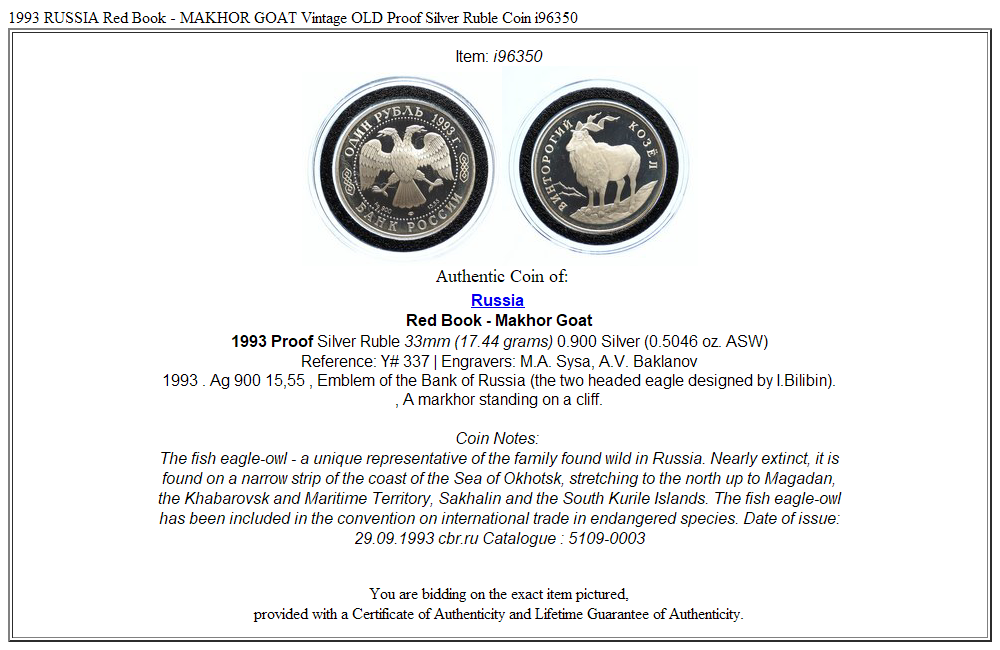 1993 RUSSIA Red Book - MAKHOR GOAT Vintage OLD Proof Silver Ruble Coin i96350