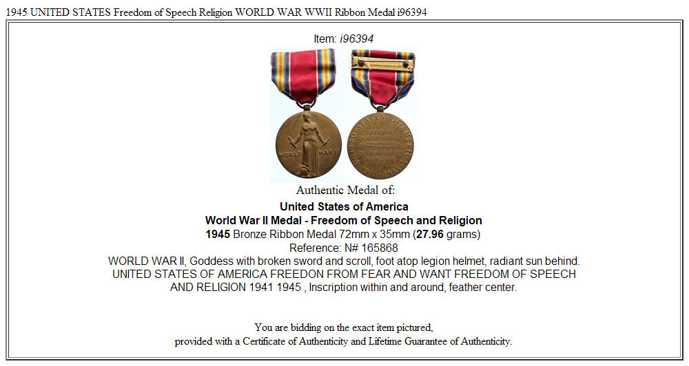 1945 UNITED STATES Freedom of Speech Religion WORLD WAR WWII Ribbon Medal i96394