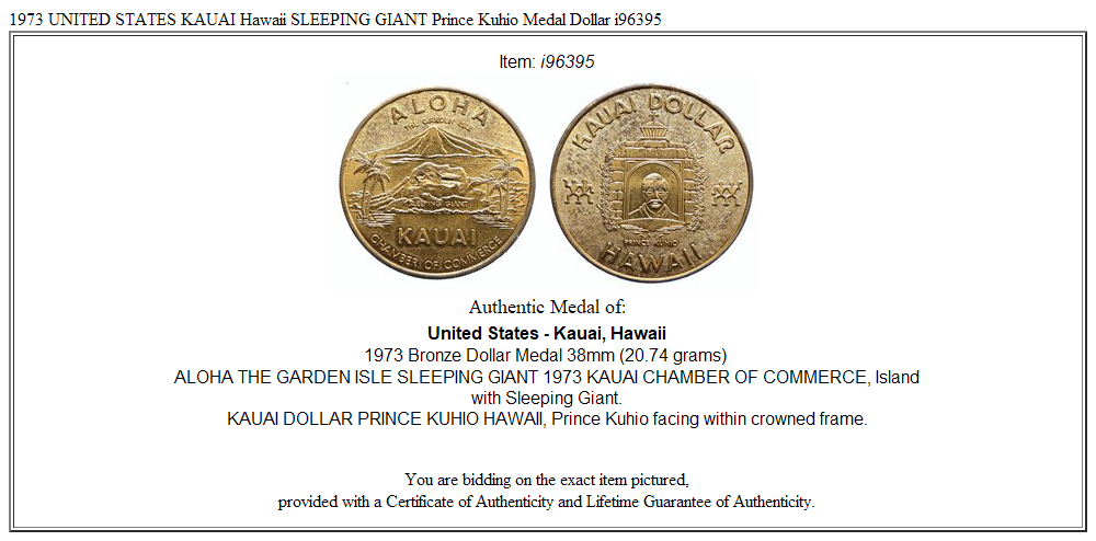 1973 UNITED STATES KAUAI Hawaii SLEEPING GIANT Prince Kuhio Medal Dollar i96395