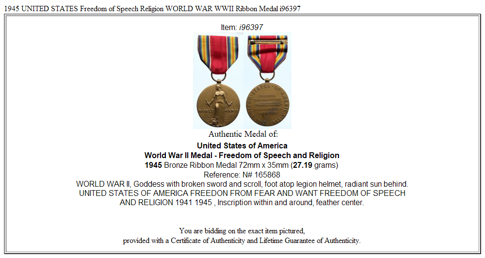 1945 UNITED STATES Freedom of Speech Religion WORLD WAR WWII Ribbon Medal i96397