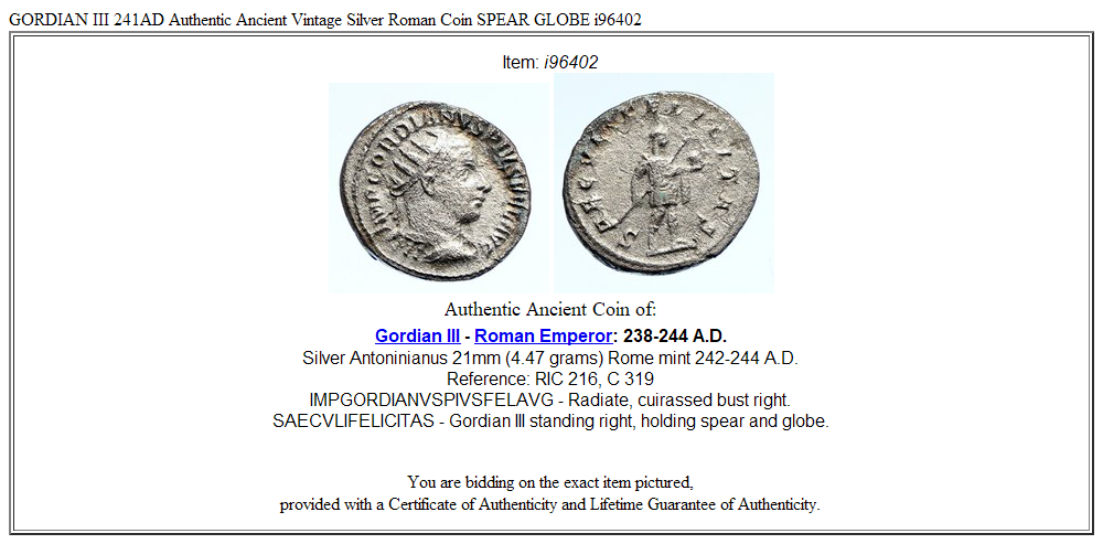 GORDIAN III 241AD Authentic Ancient Vintage Silver Roman Coin SPEAR GLOBE i96402