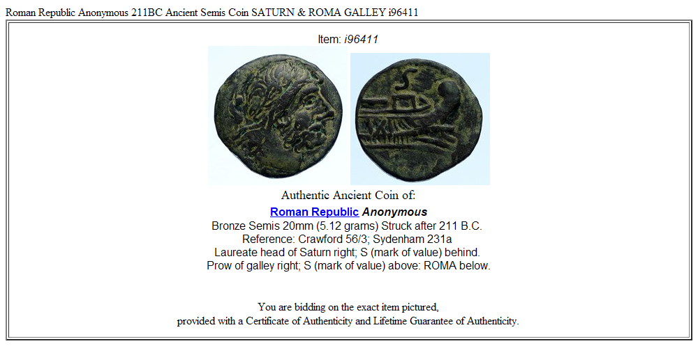 Roman Republic Anonymous 211BC Ancient Semis Coin SATURN & ROMA GALLEY i96411