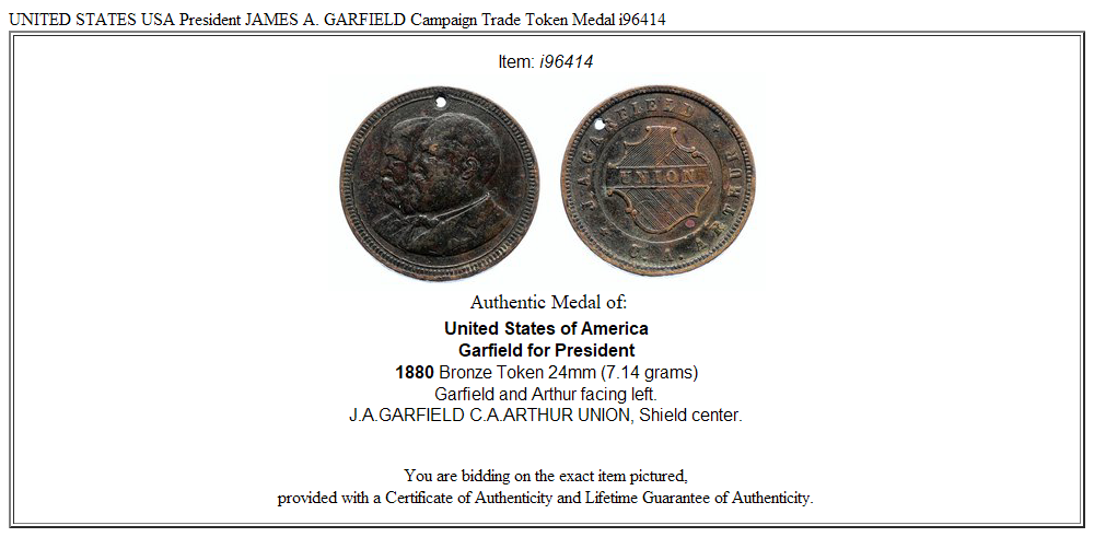 UNITED STATES USA President JAMES A. GARFIELD Campaign Trade Token Medal i96414