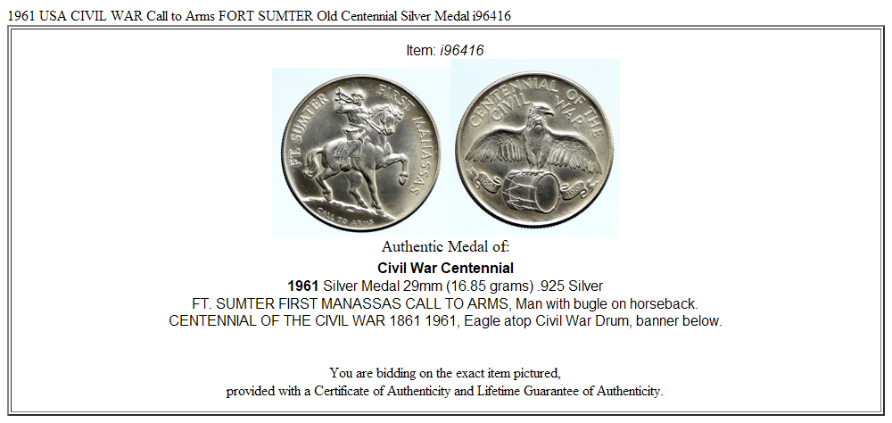 1961 USA CIVIL WAR Call to Arms FORT SUMTER Old Centennial Silver Medal i96416