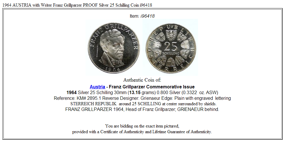 1964 AUSTRIA with Writer Franz Grillparzer PROOF Silver 25 Schilling Coin i96418