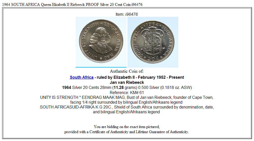 1964 SOUTH AFRICA Queen Elizabeth II Riebeeck PROOF Silver 20 Cent Coin i96476