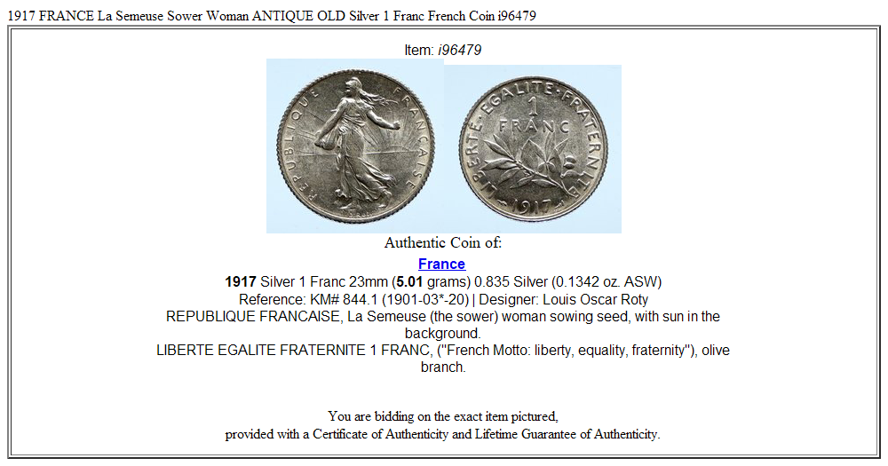 1917 FRANCE La Semeuse Sower Woman ANTIQUE OLD Silver 1 Franc French Coin i96479