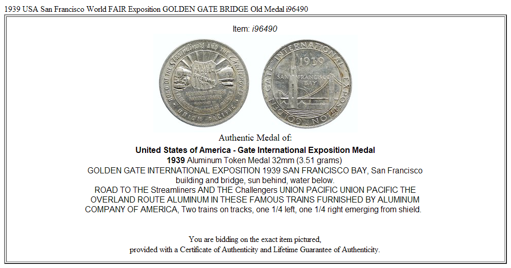 1939 USA San Francisco World FAIR Exposition GOLDEN GATE BRIDGE Old Medal i96490