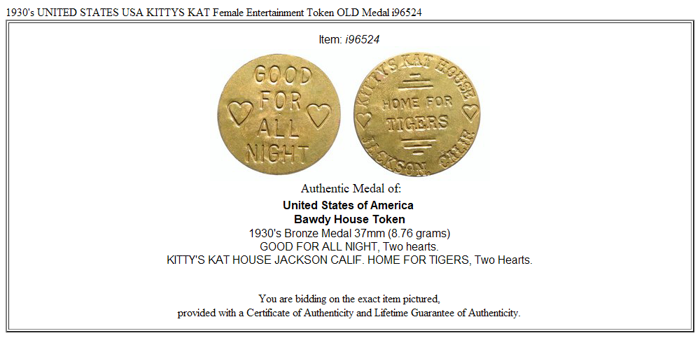 1930's UNITED STATES USA KITTYS KAT Female Entertainment Token OLD Medal i96524