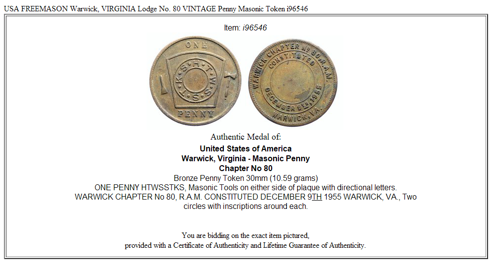 USA FREEMASON Warwick, VIRGINIA Lodge No. 80 VINTAGE Penny Masonic Token i96546