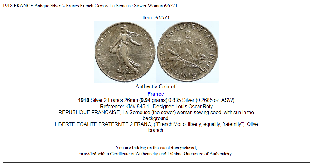 1918 FRANCE Antique Silver 2 Francs French Coin w La Semeuse Sower Woman i96571