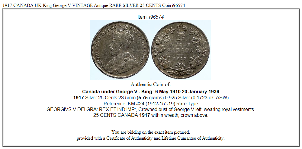 1917 CANADA UK King George V VINTAGE Antique RARE SILVER 25 CENTS Coin i96574