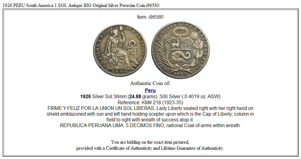 1926 PERU South America 1 SOL Antique BIG Original Silver Peruvian Coin i96580