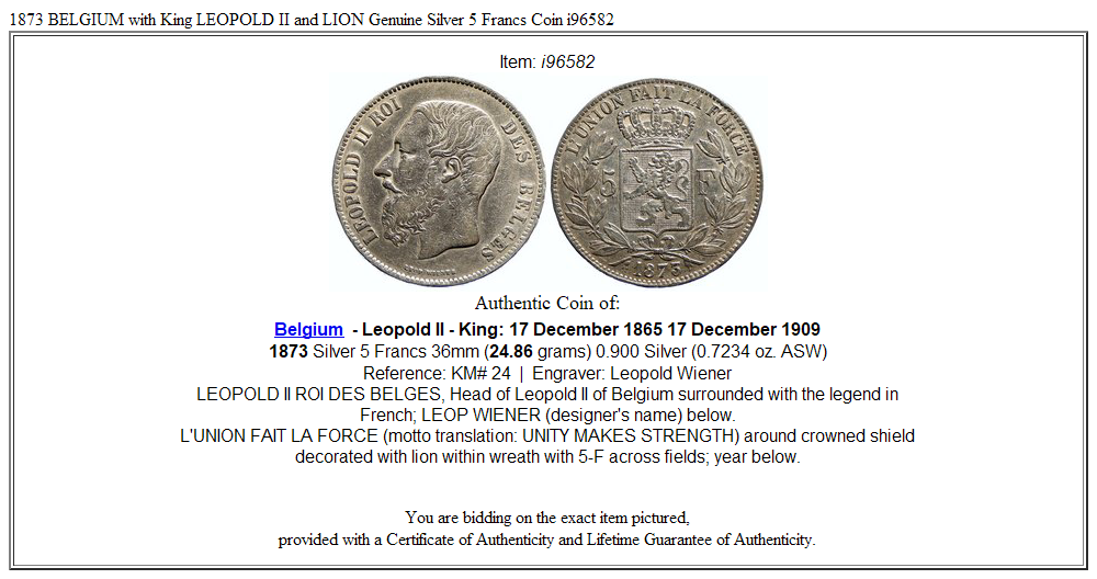 1873 BELGIUM with King LEOPOLD II and LION Genuine Silver 5 Francs Coin i96582