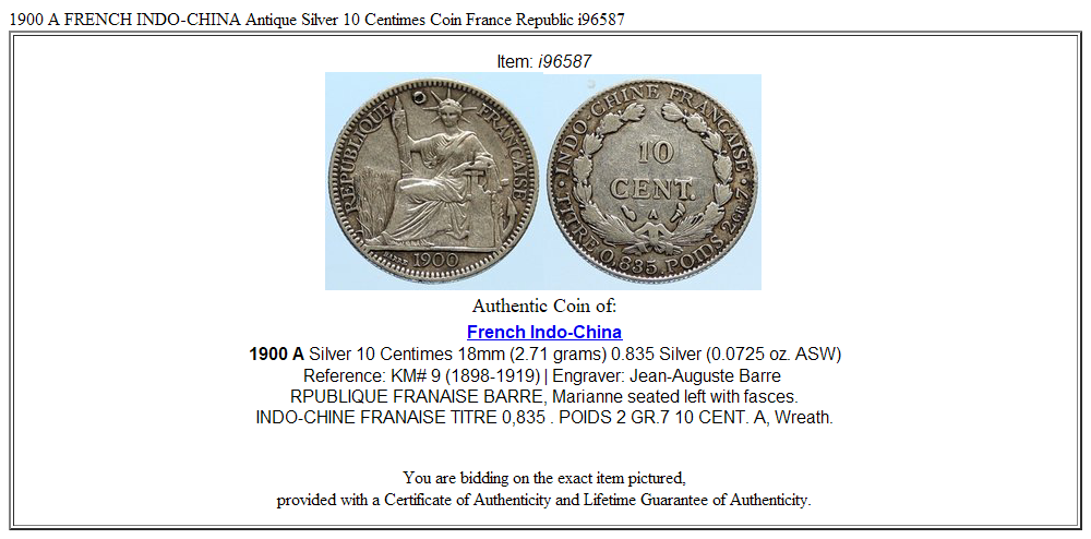 1900 A FRENCH INDO-CHINA Antique Silver 10 Centimes Coin France Republic i96587