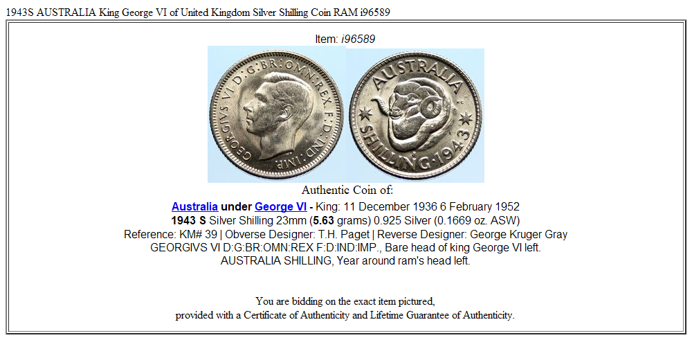 1943S AUSTRALIA King George VI of United Kingdom Silver Shilling Coin RAM i96589