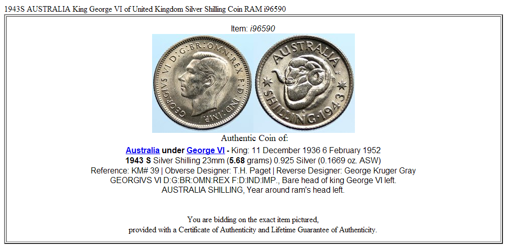 1943S AUSTRALIA King George VI of United Kingdom Silver Shilling Coin RAM i96590