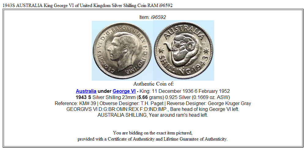 1943S AUSTRALIA King George VI of United Kingdom Silver Shilling Coin RAM i96592