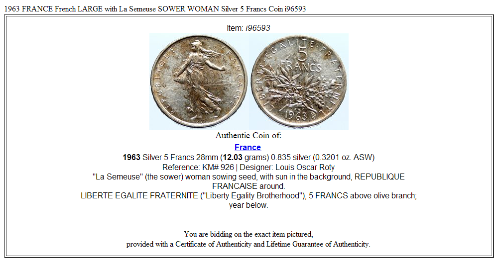 1963 FRANCE French LARGE with La Semeuse SOWER WOMAN Silver 5 Francs Coin i96593