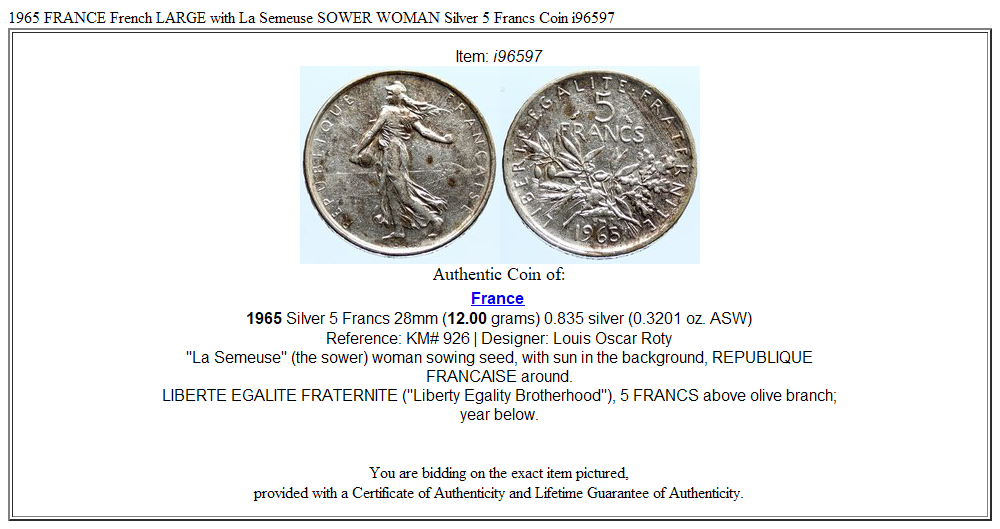 1965 FRANCE French LARGE with La Semeuse SOWER WOMAN Silver 5 Francs Coin i96597