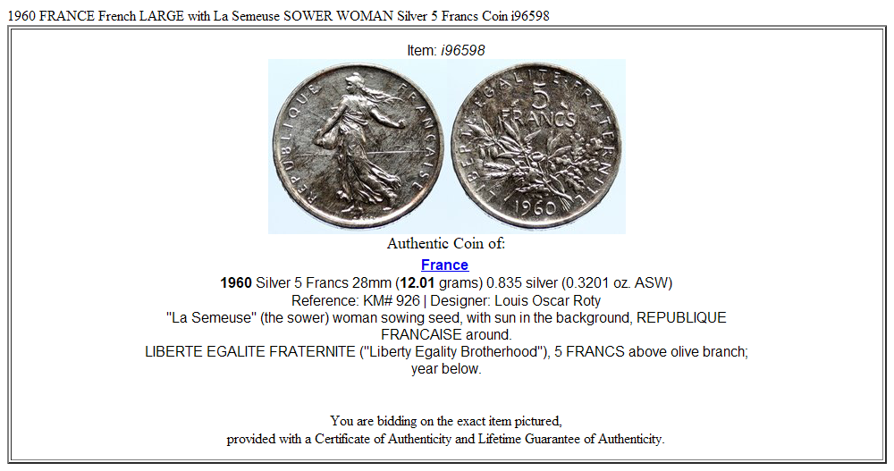 1960 FRANCE French LARGE with La Semeuse SOWER WOMAN Silver 5 Francs Coin i96598