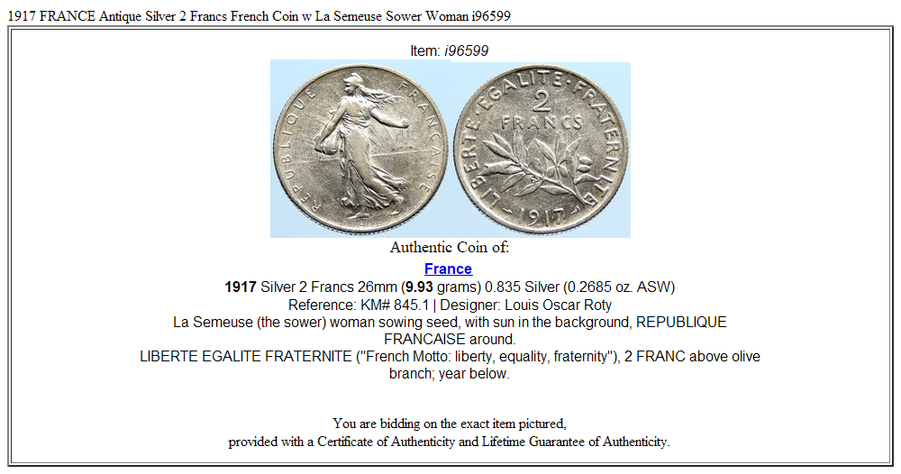 1917 FRANCE Antique Silver 2 Francs French Coin w La Semeuse Sower Woman i96599