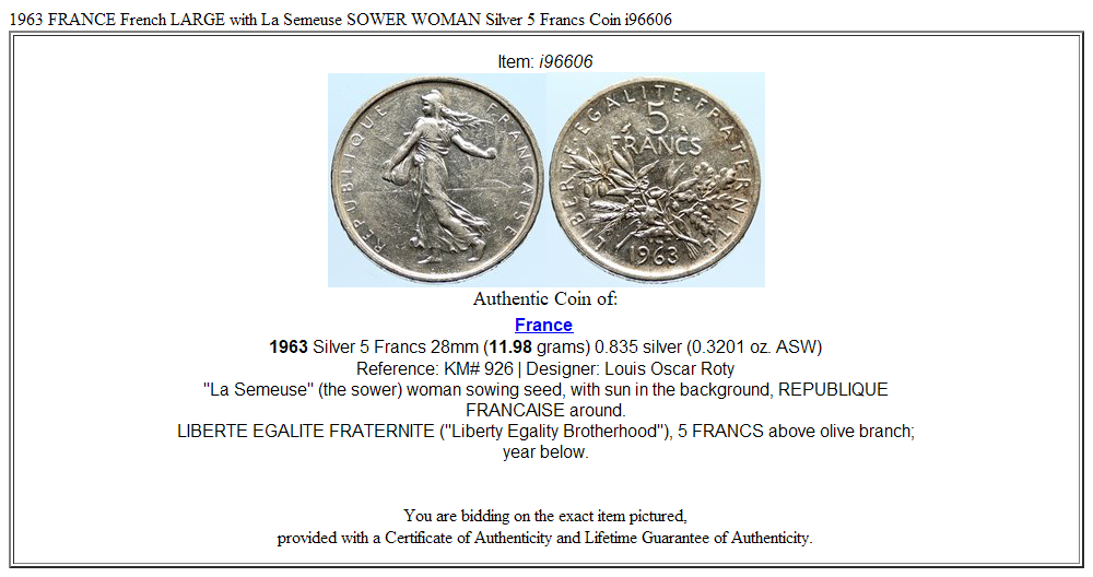 1963 FRANCE French LARGE with La Semeuse SOWER WOMAN Silver 5 Francs Coin i96606