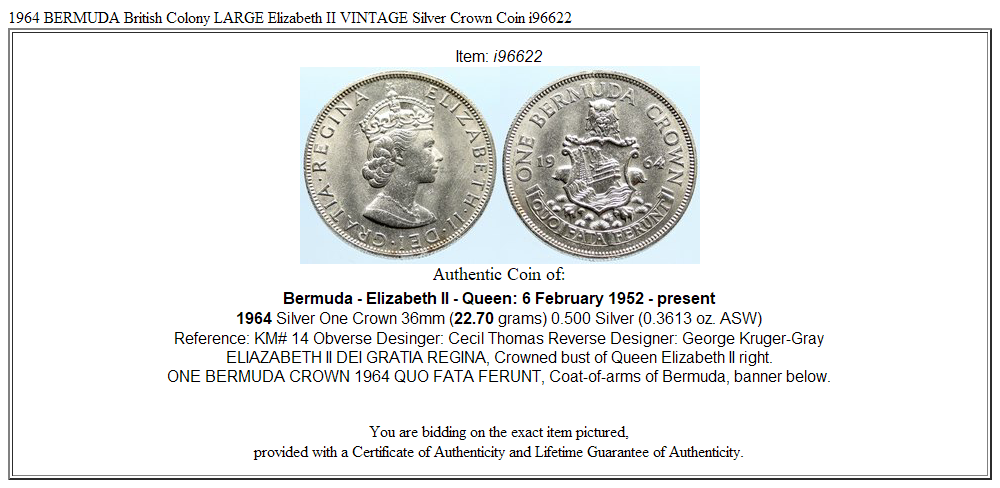 1964 BERMUDA British Colony LARGE Elizabeth II VINTAGE Silver Crown Coin i96622