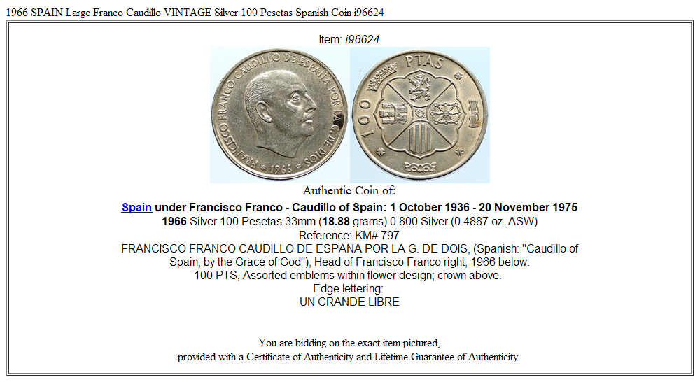 1966 SPAIN Large Franco Caudillo VINTAGE Silver 100 Pesetas Spanish Coin i96624