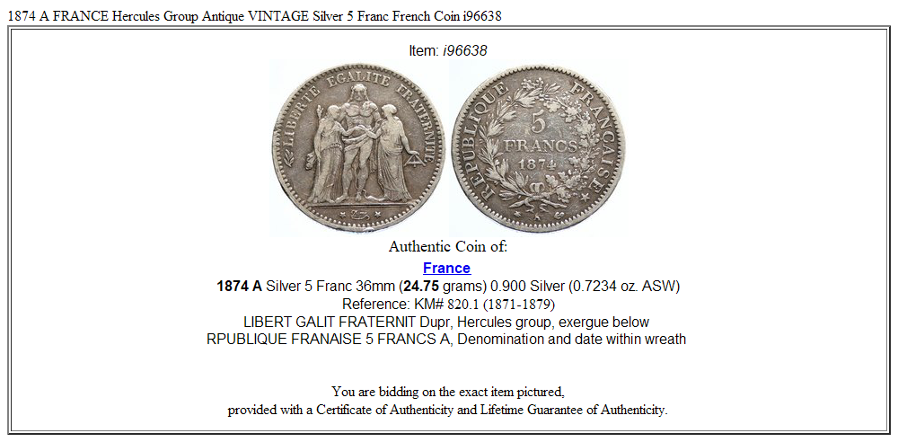 1874 A FRANCE Hercules Group Antique VINTAGE Silver 5 Franc French Coin i96638