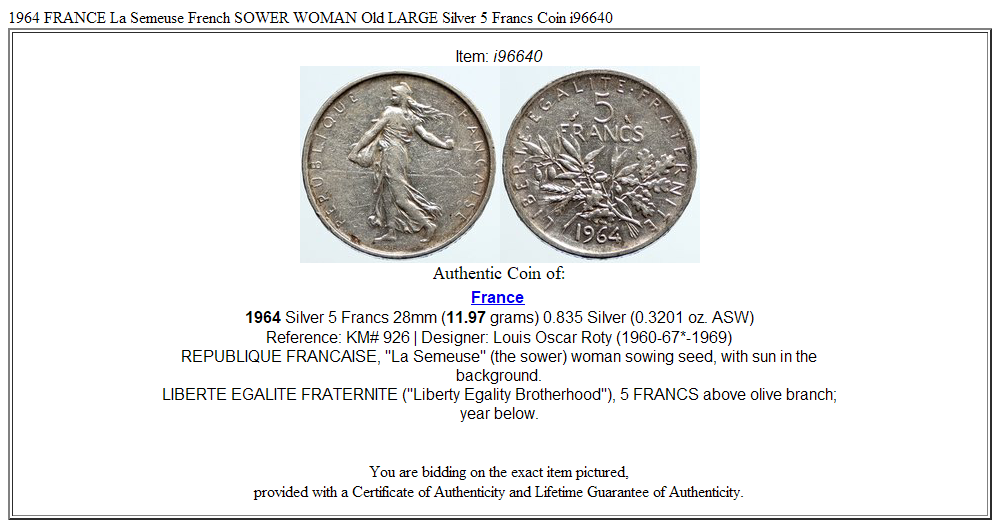 1964 FRANCE La Semeuse French SOWER WOMAN Old LARGE Silver 5 Francs Coin i96640