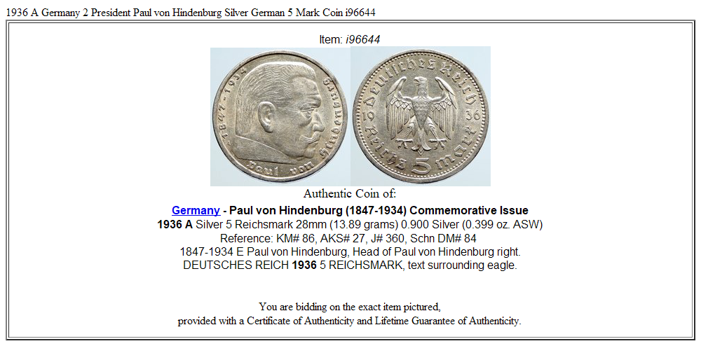 1936 A Germany 2 President Paul von Hindenburg Silver German 5 Mark Coin i96644