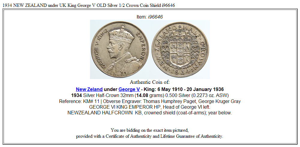 1934 NEW ZEALAND under UK King George V OLD Silver 1/2 Crown Coin Shield i96646