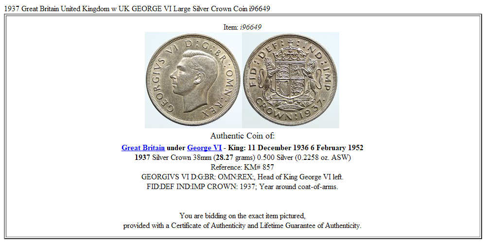 1937 Great Britain United Kingdom w UK GEORGE VI Large Silver Crown Coin i96649