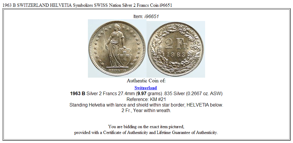 1963 B SWITZERLAND HELVETIA Symbolizes SWISS Nation Silver 2 Francs Coin i96651