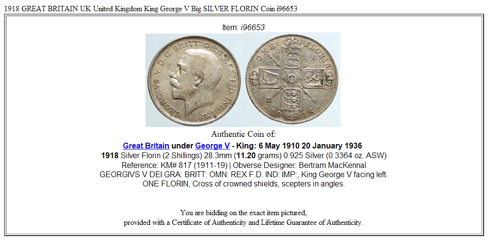 1918 GREAT BRITAIN UK United Kingdom King George V Big SILVER FLORIN Coin i96653