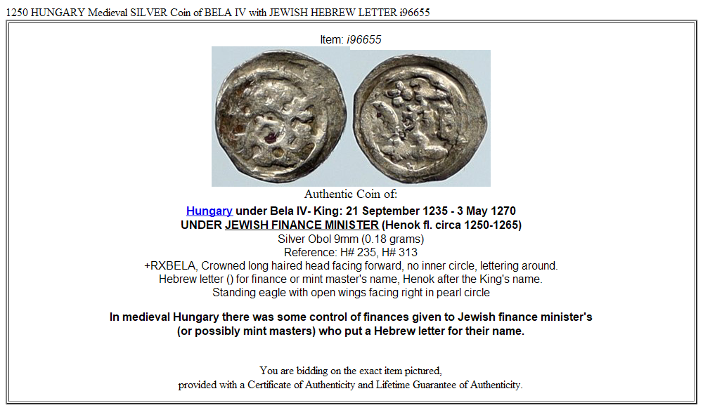 1250 HUNGARY Medieval SILVER Coin of BELA IV with JEWISH HEBREW LETTER i96655