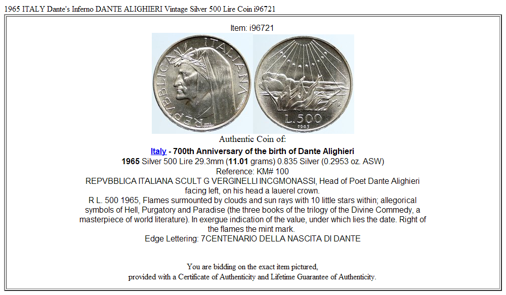 1965 ITALY Dante's Inferno DANTE ALIGHIERI Vintage Silver 500 Lire Coin i96721