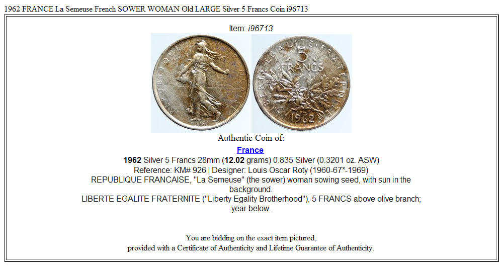 1962 FRANCE La Semeuse French SOWER WOMAN Old LARGE Silver 5 Francs Coin i96713