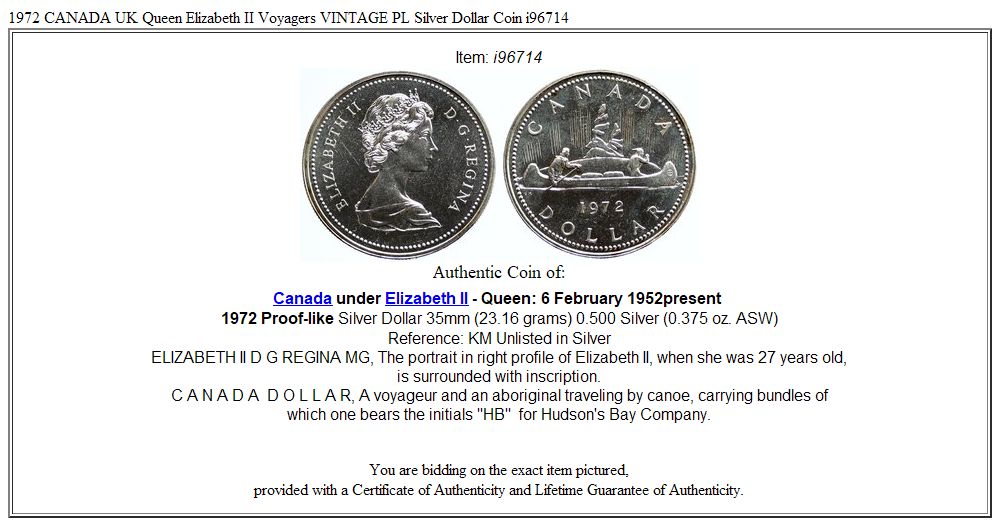 1972 CANADA UK Queen Elizabeth II Voyagers VINTAGE PL Silver Dollar Coin i96714